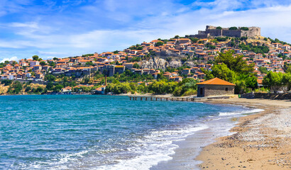 Fototapeta na wymiar Lesvos (lesbos) island . Greece. Beautiful old town Molyvos (Mithymna) with castle over the rock and beach