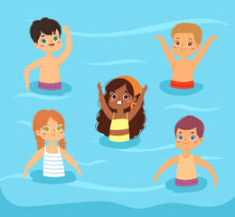 Multinational children have fun and jumping in the water. Boys and girls in swimwear swimming in the sea or pool. Happy kids enjoying  the summer time. Landscape, panorama sea view