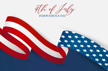 4th of July banner background. Waving United States of America national flag ribbon. USA independence day celebration. Realistic vector illustration.