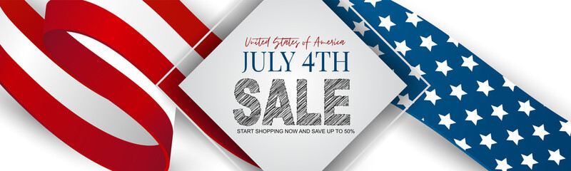 July 4th sale banner or header background. United States of America national flag and ribbon with stars and stripes. USA independence day celebration. Realistic vector illustration.