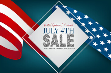Fototapeta premium July 4th sale banner background. United States of America national flag with stars and stripes. USA independence day celebration. Realistic vector illustration.
