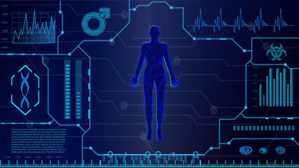 16:9 hud interface,futurastic human body,hud biology elelemt,Display set of virtual interface elements,digital Human , Human Virtual Body, virtual screen interface as Modern medical technology,