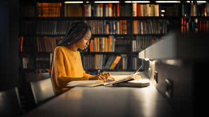 University Library: Gifted Black Girl uses Laptop, Writes Notes for the Paper, Essay, Study for...