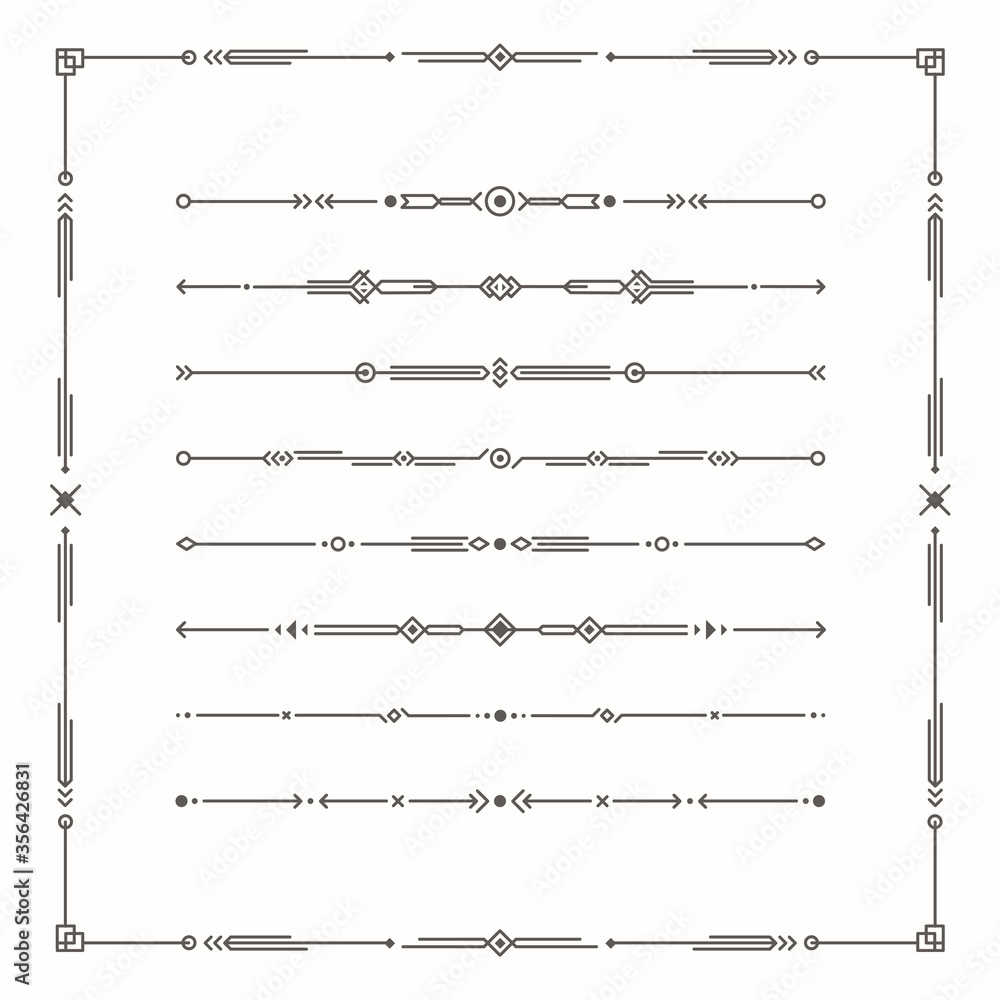 Aufkleber Dividers vector set. Geometric vintage horizontal isolated line border and text design element. Collection of page rules. Separation text selection. Minimalism. Royal book border collection.
