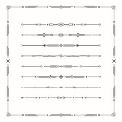 Dividers vector set. Geometric vintage horizontal isolated line border and text design element. Collection of page rules. Separation text selection. Minimalism. Royal book border collection.