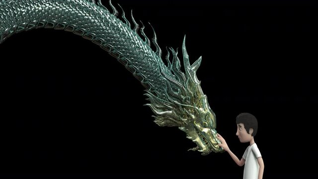 The man wear goggle virtual reality and touch chinese dragon digital wire frame green color and background digital with 3d rendering.