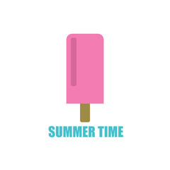 Pink ice cream on a stick with an inscription. Flat style. Vector illustration. Popsicle