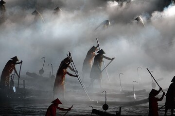 Fishermen sailing through the mist, Asia