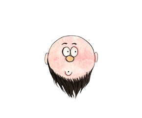 Hand drawn watercolor illustration of simple cartoon face with beard. Funny weird face sketch. Facial expression