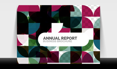 Horizontal A4 business flyer annual report template, circles and triangle style shapes modern geometric design for brochure layout, magazine or booklet