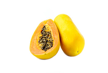 Papaya fruit with seeds isolated on white background.