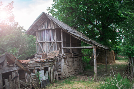 Wooden constructions at an old peasant farm. Cages where pigs were raised and places where grain was stored