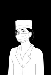 Nurse dressed in all white posing in front of a black background.Cartoon
