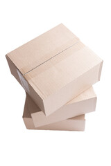 isolated close up shot of three stacked closed rectangular blank brown carton cardboard boxes on a white background