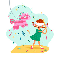 A girl with pigtails hits a pinata in the form of a unicorn. Cartoon vector illustration isolated on white background.