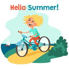 Hello summer! Cute happy tanned blonde girl rides a bicycle along the seashore. Vector illustration or greeting card in cartoon style.