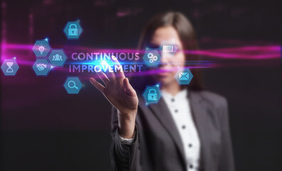 Business, Technology, Internet and network concept. Young businessman working on a virtual screen of the future and sees the inscription: Continuous improvement