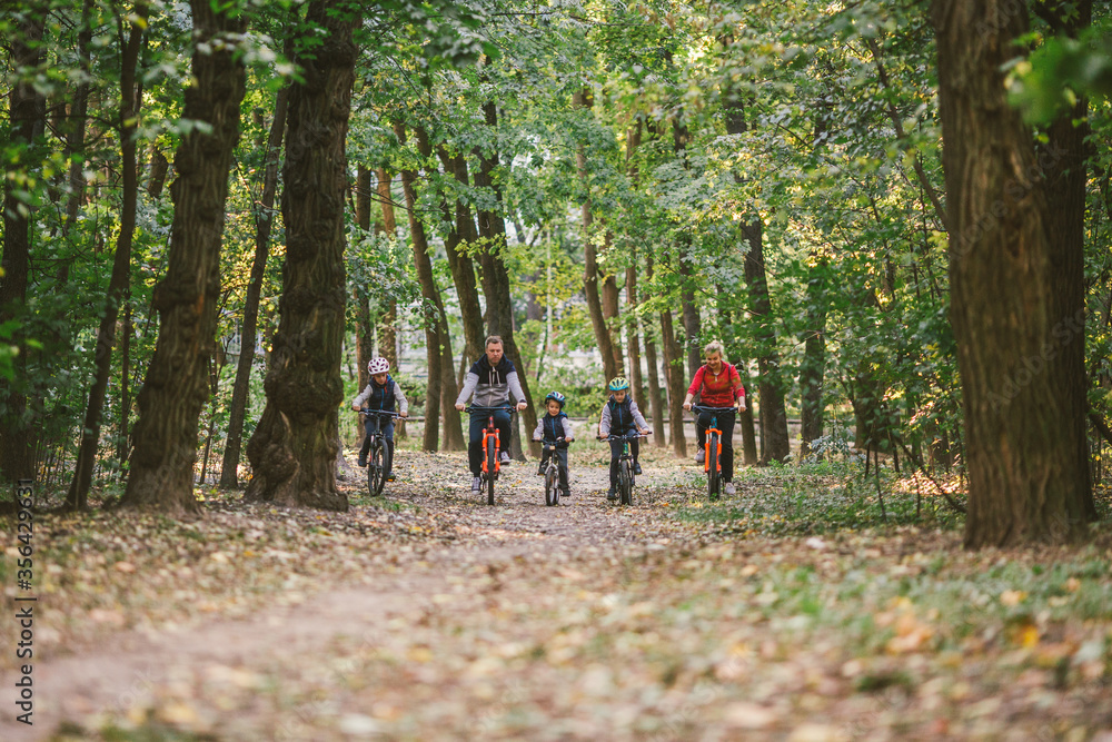 Wall mural parents and kids cycling on forest trail. Young family cycling in autumn park. Family mountain biking on forest. Theme family active sports outdoor recreation. Family Cycling Through Fall Woodland