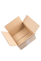 isolated close up shot of a single open blank brown empty carton cardboard box on a white background