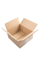isolated close up shot of a single open blank brown empty carton cardboard box on a white background