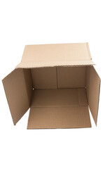 isolated close up shot of a single open blank brown empty carton cardboard box on a white background