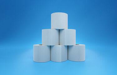 Pile of Toilet Paper Rolls, Frontal View, Blue Background, 3D Illustration Studio Shot, Space for Text