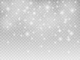Seamless realistic falling snow or snowflakes in winter on grey transparent background. Vector Isolated Illustration EPS 10