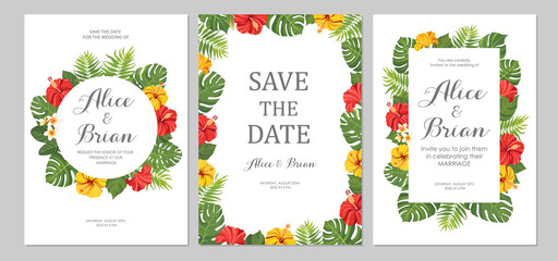Wedding invitation set. Cards with tropical flowers hibiscus and green leaves. Floral border. Save the date, invite, birthday card design. Vector illustration. © artnata