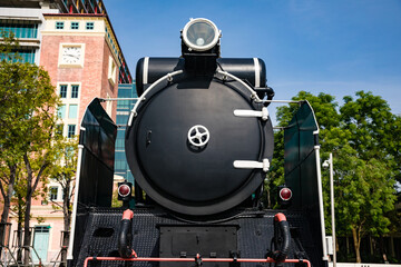 Fototapeta na wymiar Close up of steam engine locomotive train head