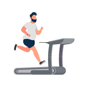 Fat Man Runs On A Treadmill. Fat Guy Runs On The Simulator. The Concept Of Losing Weight And A Healthy Lifestyle. Isolated. Vector