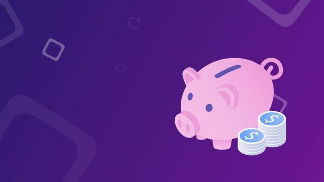 Isometric design of piggy bank with coins and falling coin animation. The money collecting concept, deposit for future investment. Save money concept