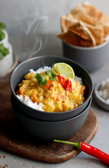 Hot spicy lentil curry in bowl. Vegetable curry with rice, pita bread, spices, herbs. Traditional popular indian curry