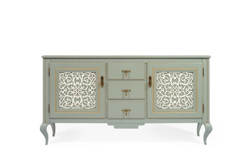 Vintage olive wood chest of drawers in classic style with carved elements on curved legs on a white background