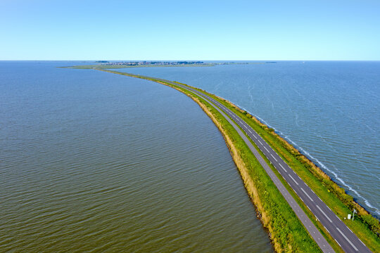 Aerial from the dyke to Marken at the IJsselmeer in the Netherlands