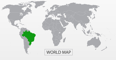 Political Vector Map of the world with clear borders with highlighted Brazil. Each country is isolated and selectable. Suitable for reports, statistics, infographics, templates. Silhouette backd