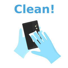 Vector illustration of smartphone cleaning with disinfectant wipes. Poster can be used to promote hygiene practice. 