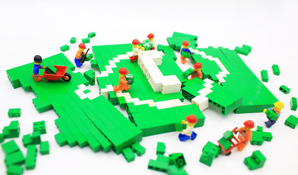 HONG KONG; NOV 1: lego minifigure with the set of city lego in hong kong on 1 November 2017. Lego are a popular line but of plastic construction toys manufactured by The Lego Group in Denmark