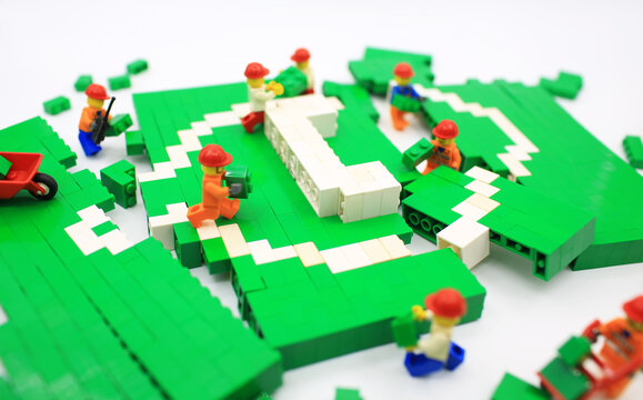 HONG KONG; NOV 1: lego minifigure with the set of city lego in hong kong on 1 November 2017. Lego are a popular line but of plastic construction toys manufactured by The Lego Group in Denmark
