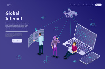 Global High Speed Wireless Exchange Concept. Digital electronic key access. New technologies in information sphere. Digital. Data transfer protocol. Web landing page 3d Isometric Vector Illustration