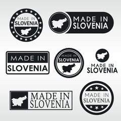 Stamps of Made in Slovenia Set. Slovene Product Emblem Design. Export Vector Map.
