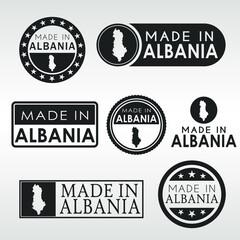Stamps of Made in Albania Set. Albanian Product Emblem Design. Export Vector Map.