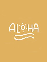 Summer vacation quote vector design with a sun symbol. Aloha handwritten lettering greeting.