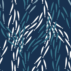 Blue and white school of small anchovy fishes, swimming underwater sea fauna, seamless pattern, vector - 356433879