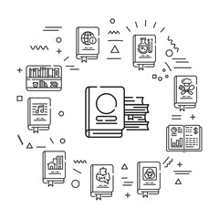 Genres of books web banner. Infographics with linear icons on white background. Creative idea concept. Isolated outline black illustration.