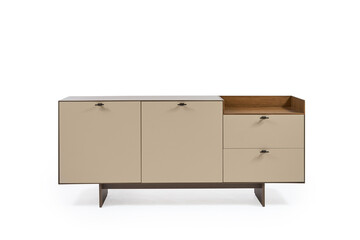 Modern minimalistic coffee-colored TV stand with a decorative insert made of natural wood on a...