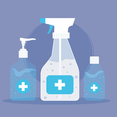 Fototapeta premium hand sanitizer bottles, washing gel, self protect from covid 19 vector illustration design