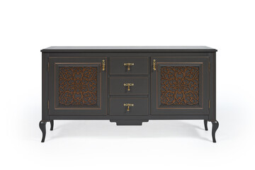 Vintage wooden chest of drawers anthracite color in classic style with carved elements on curved...