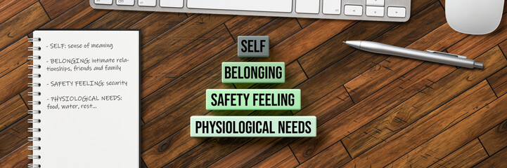 hierarchy of needs on blocks at a workplace on wooden background