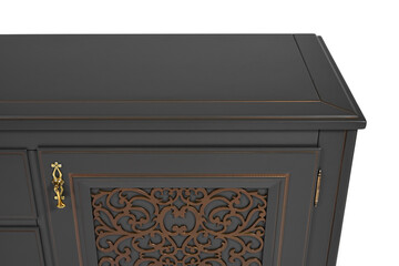 Vintage wooden chest of drawers anthracite color in classic style with carved elements on curved legs on a white background