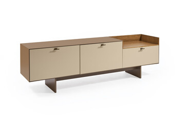 Modern minimalistic coffee-colored TV stand with a decorative insert made of natural wood on a white background